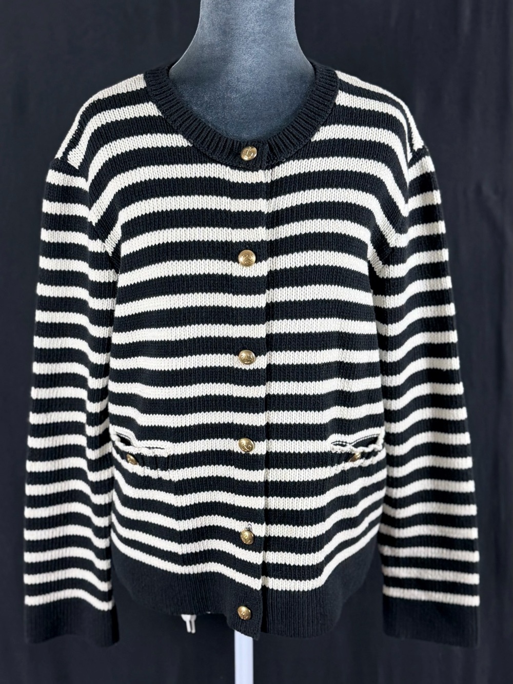 Zara Sweater Women’s L Black & White Striped Gold toned Button-Front old money